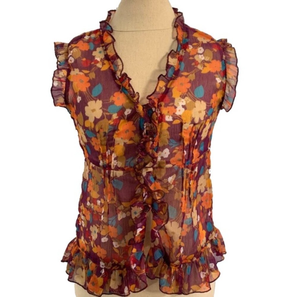Angie Ruffled Sheer Blouse Autumn Colors Size S